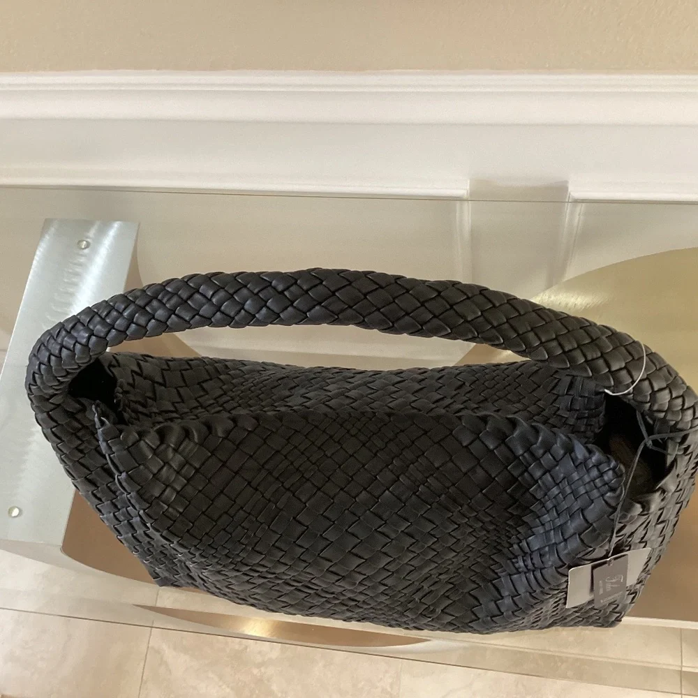 Falor Italy Handmade Black Woven Leather Large Shoulder Hobo Bag Magnetic Close